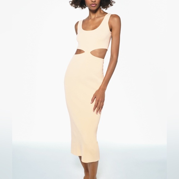 Zara dress midi fitted cream tan ribbed knit cut out midi - Picture 5 of 8